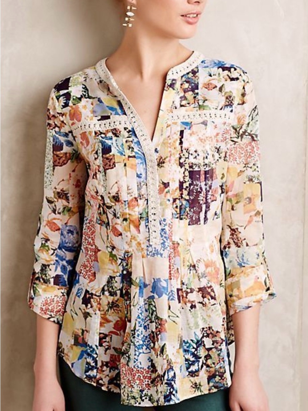Maeve Anthropologie Abella Pintuck Floral Patchwork Blouse Size 6 Cotton Boho